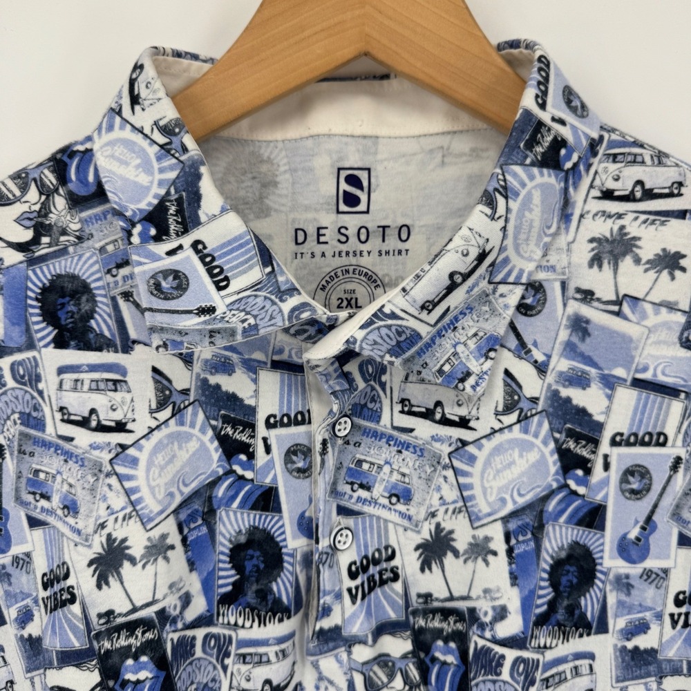 DeSoto Jersey Shirt 2XL AOP Blue White Woodstock‎ Rolling Stones Good Vibes